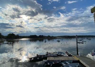 Early morning coffee on the the town wharf, with a view of Moores Island.